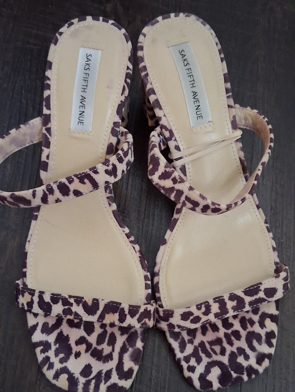 Saks Fifth Avenue Leopard Print Strappy Heels in Purple and Beige